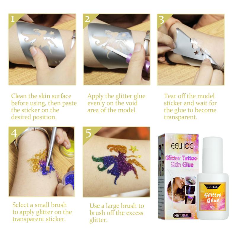 EELHOE 8ML Face Glitter Tattoo Skin Glue Body Glitter Gel Set Temporary Adhesive DIY for Cosplay Party