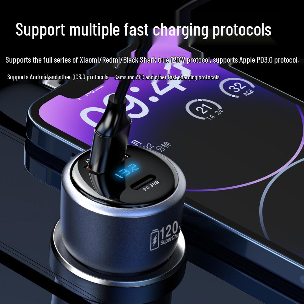 120W Dual Car Charger for Xiaomi and Apple - Super Fast Charging Adapter