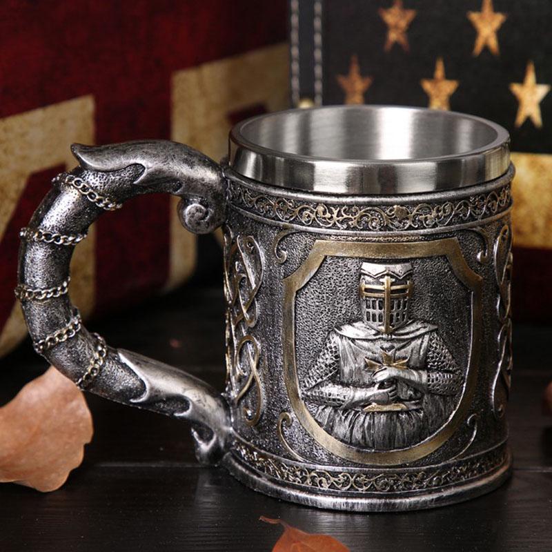 Knight Skull Beer Mug Vintage Cup Creative Relief Personalized Cup Drinking Cup Stainless Steel Halloween Gift Beer Goblet