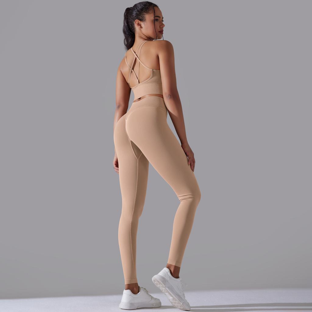 European and American New Seamless Knitted Solid Color Beauty Back Tight High Waist Yoga Suit Running Fitness Two-piece Set