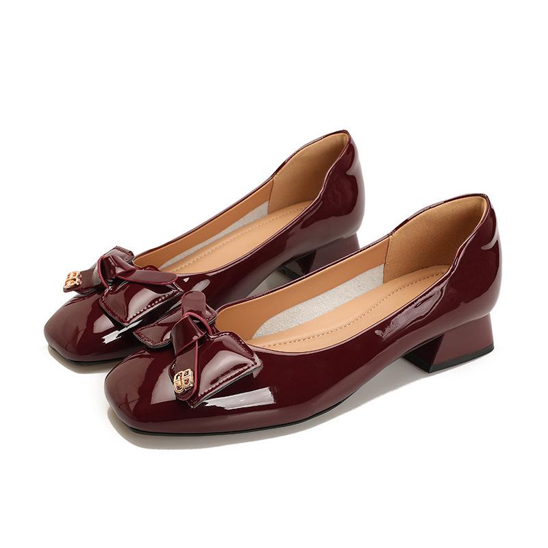 Thick heel high heels 2025 new women's shoes patent leather red wedding shoes bow French low heel light mouth single shoes
