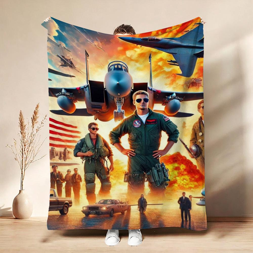 Top Gun Style Fighter Jet Pilot Poster Pattern Theme Flannel Blanket Skinfriendly Warm Throw Blanket For Living Room Office Nap Home Party Decor