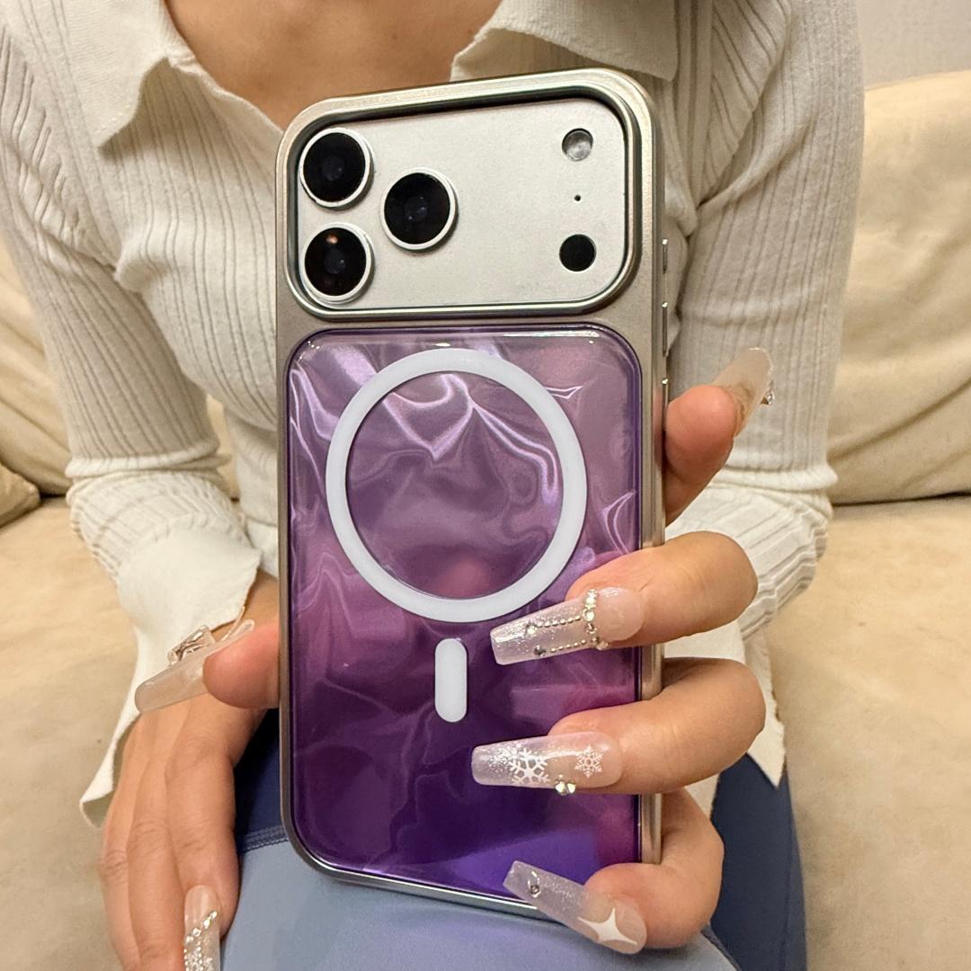 

Advanced Illusion Color Gradient Water Ripple Purple Mirror With Holder Magnetic Phone Cover Case For iPhone 17 16 15 Pro Max iPhone17