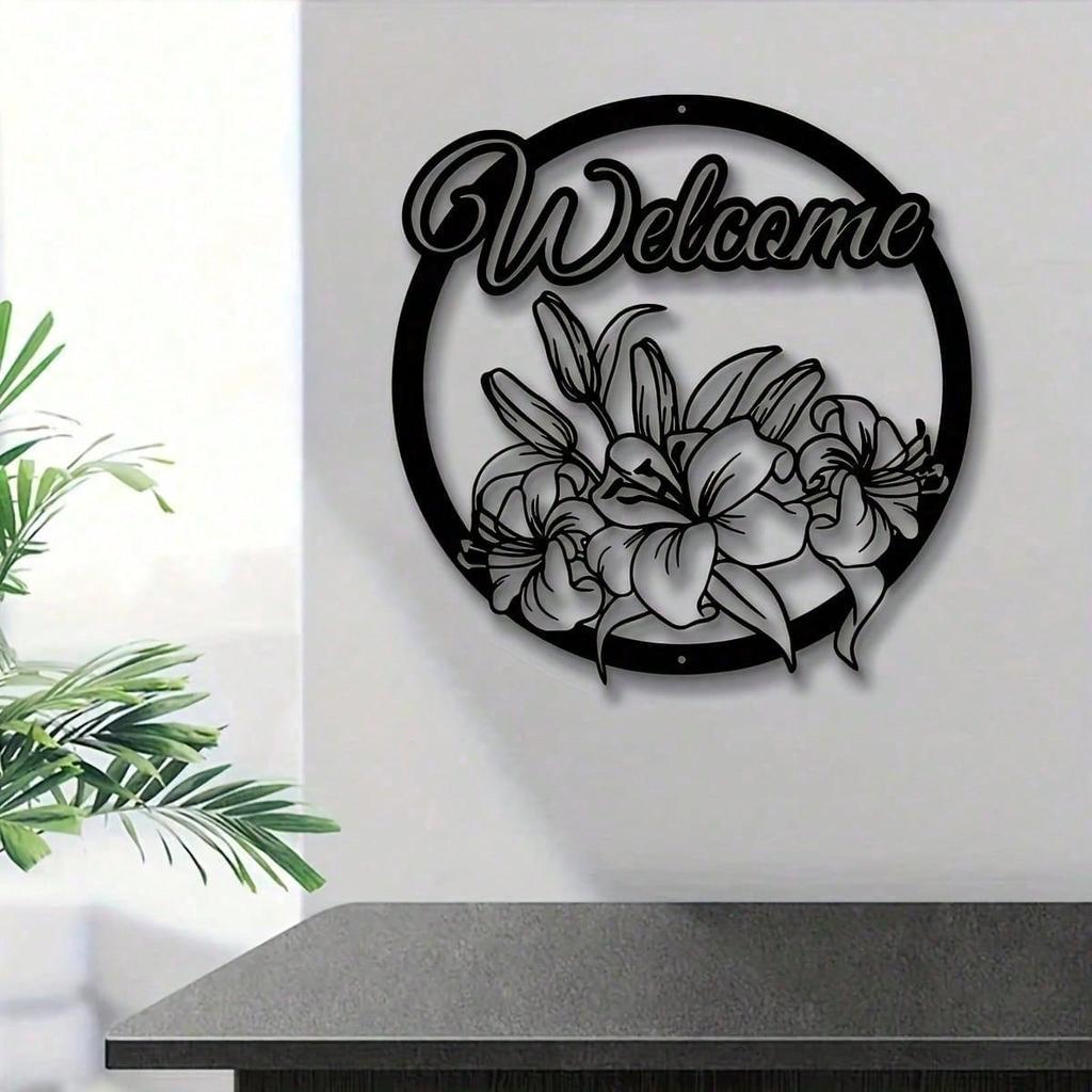 Bohemian Metal Welcome Sign Wrought Iron Floral Wall Art for Garden Patio Home Decor