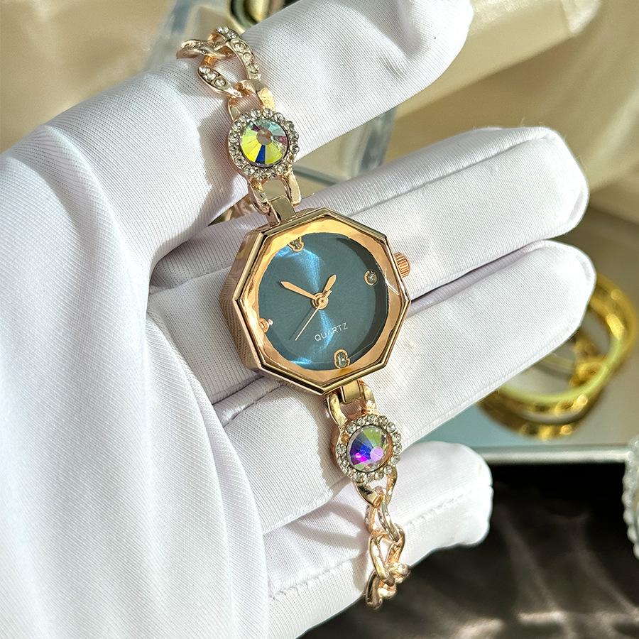 New Retro Women Watches Light Luxury Brand Octagonal Diamond Studded Dial Rainbow Bracelet Quartz Wristwatch Female Clock