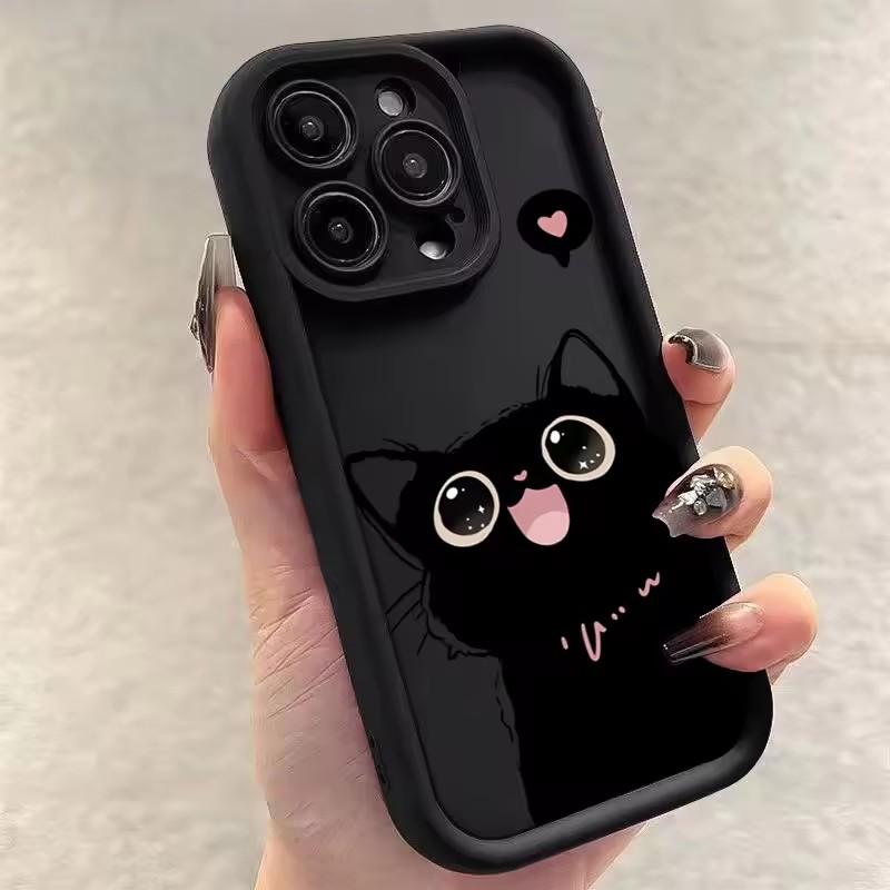 Lovely Black Cat Silicone Case For iPhone 16 15 13 12 11 14 Pro Max Plus 16E 16 Plus SE2 8 7 Plus X XS XR Shockproof Back Covers