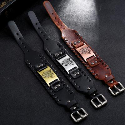 Yousheng Men Bangle Adjustable Wide Soft Braided Faux Leather Gift Alloy Retro Animal Head Cuff Bracelet Jewelry Accessories