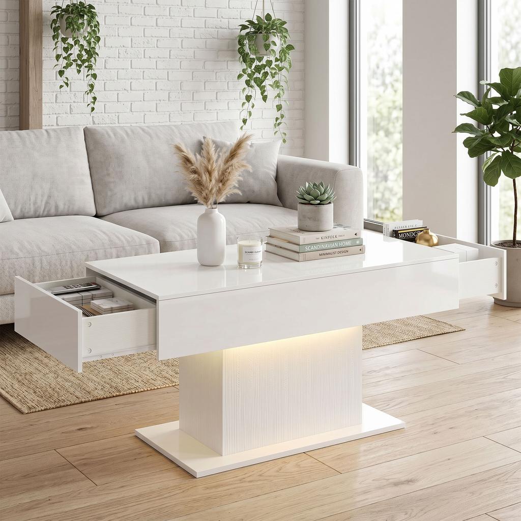 LED Coffee Table with Storage, High Gloss, Modern, 2 Drawers & Remote Control, White