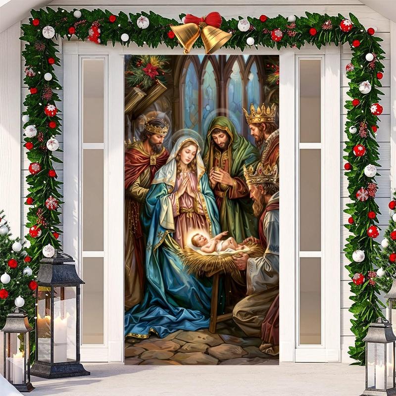 180x90cm Merry Christmas Door Banner Jesus Birth Scene Hanging Backdrop Christmas Photography Background Xmas New Year Decor