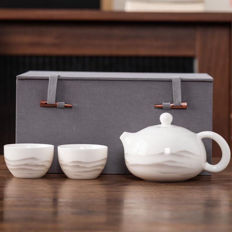 Beam Pot One Pot and Two Cups Suet Jade Porcelain Light Luxury Kung Fu Tea Set Kuaike Cup High-end Brocade Box Gift Box