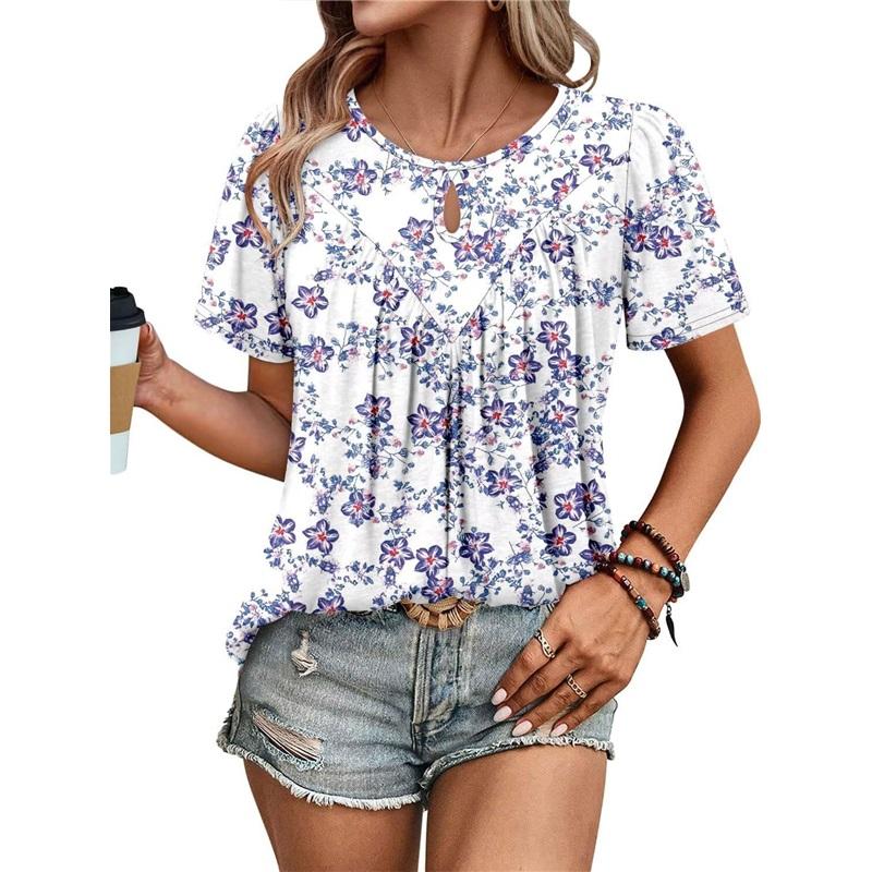 

Цветочный принт круглый вырез T-образный вырез повседневный короткий рукав плиссированный цветок женщины XXL белый