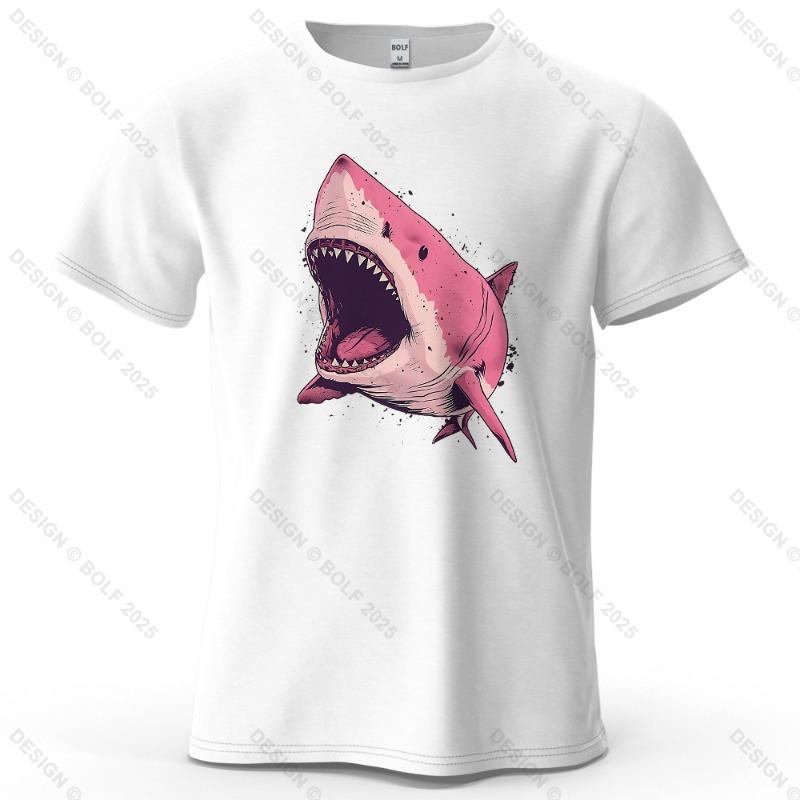 Pink Shark Cartoon Pattern Printed Short Sleeved Summer New Personalized Unisexs and Womens Casual Soft Skin Friendly Tshirt