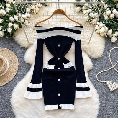Dámske bodycon šaty s odhalenými ramenami, jesenné, s dlhým rukávom, s kovovými gombíkmi, dámske pracovné oblečenie, pletené, farebný blok, sexy krátke šaty