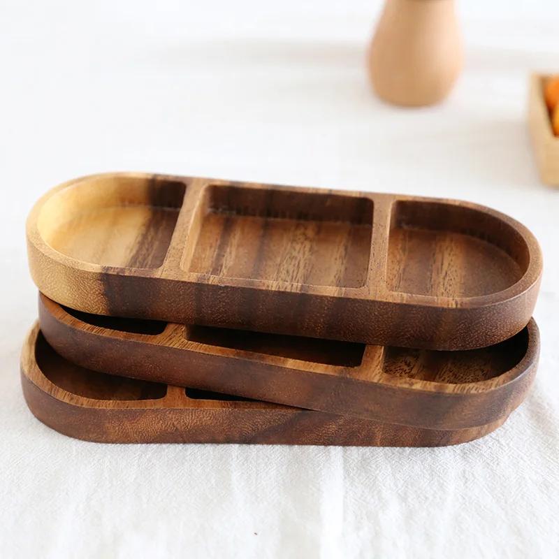 3-Grid Seasoning Dipping Dish, Wooden Saucer Appetizer Plate, Dry Fruits Nut Snack Dish Tray for Restaurant / Kitchen