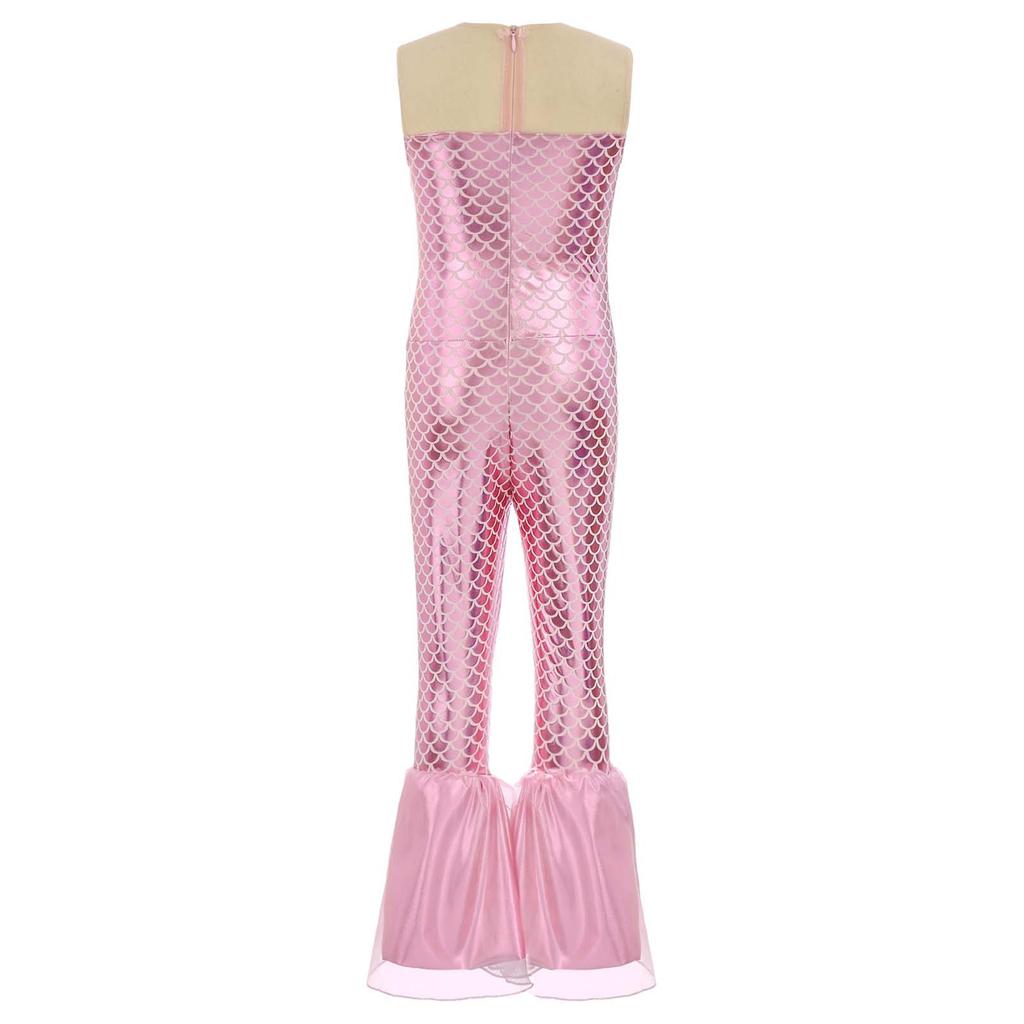 Kompletter Meerjungfrauen-Jumpsuit für Mädchen Halloween: Ärmelloses Einteiler-Kostüm mit funkelndem Schuppendesign für Bühne & Party