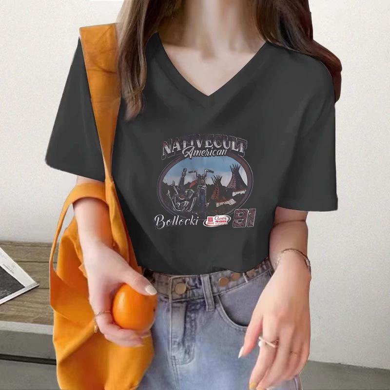 

American Retro V-Neck Short Sleeve Women s T-Shirt - Summer Fashion Trend M