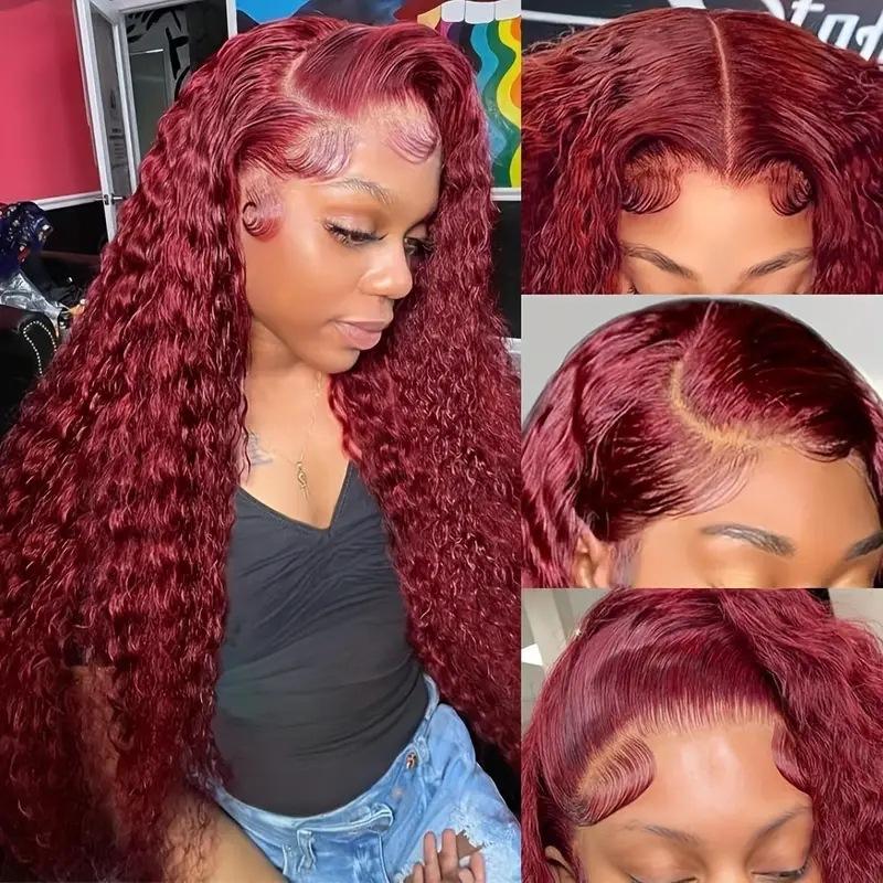 

Fashionable Wine red front lace 13*4 lace wig hot selling small coiled tube chemical fiber headgear вина червоного кольору