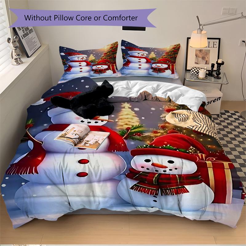 

3pcs Christmas Snowman Family Bedding Set - Includes One Quilt Cover and Two Pillowcases (No Core) - Festive Decor for Bedroom and Guest Room - Polyes 135x200cm