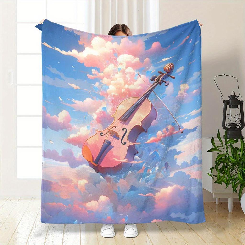 Violin and Notes Cloud Pattern Flannel Printed Blanket Suitable for All Seasons Suitable for Living Room Office Sofa Travel