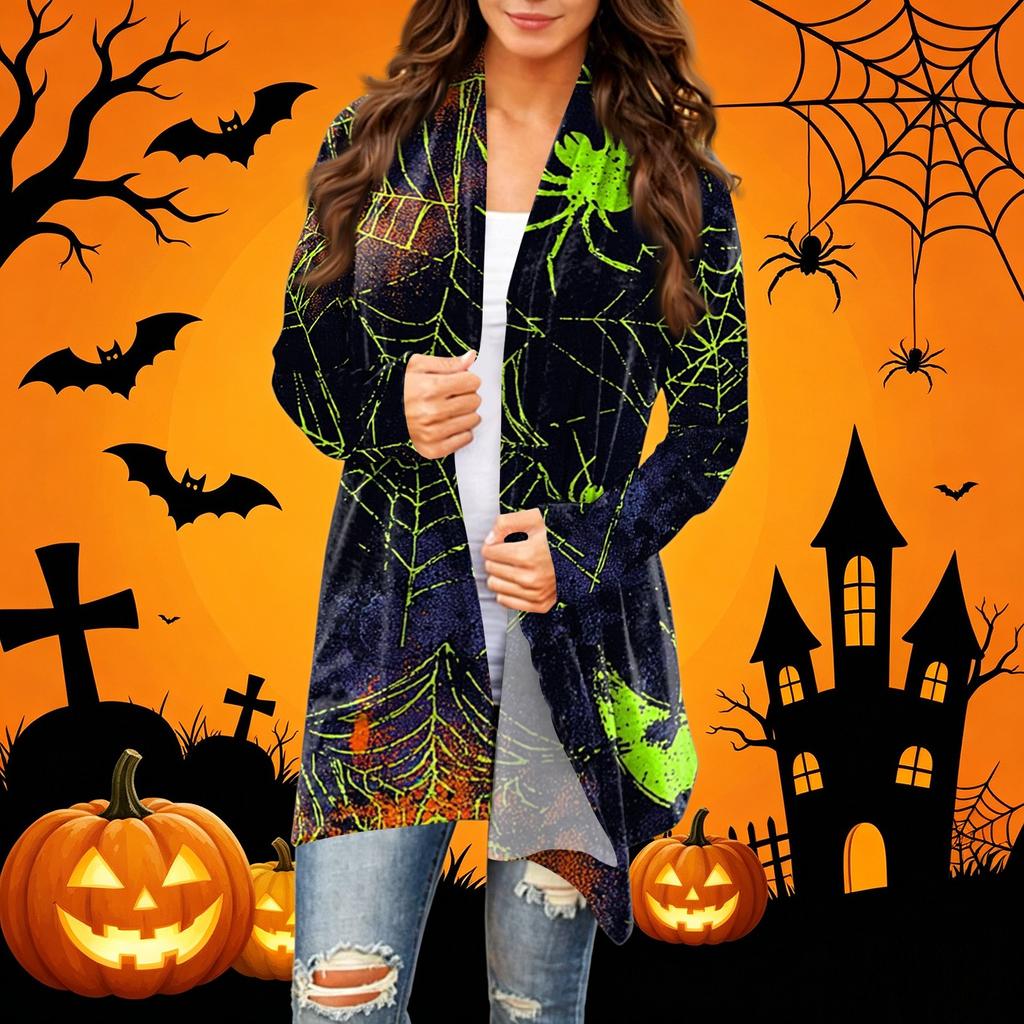 Women's Casual Halloween Printed Long Sleeve Mid-Length Cardigan Jacket for Fall