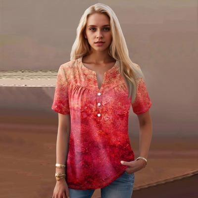 T-shirt décontracté à imprimé floral et col en V pour femme, manches courtes, boutons décoratifs