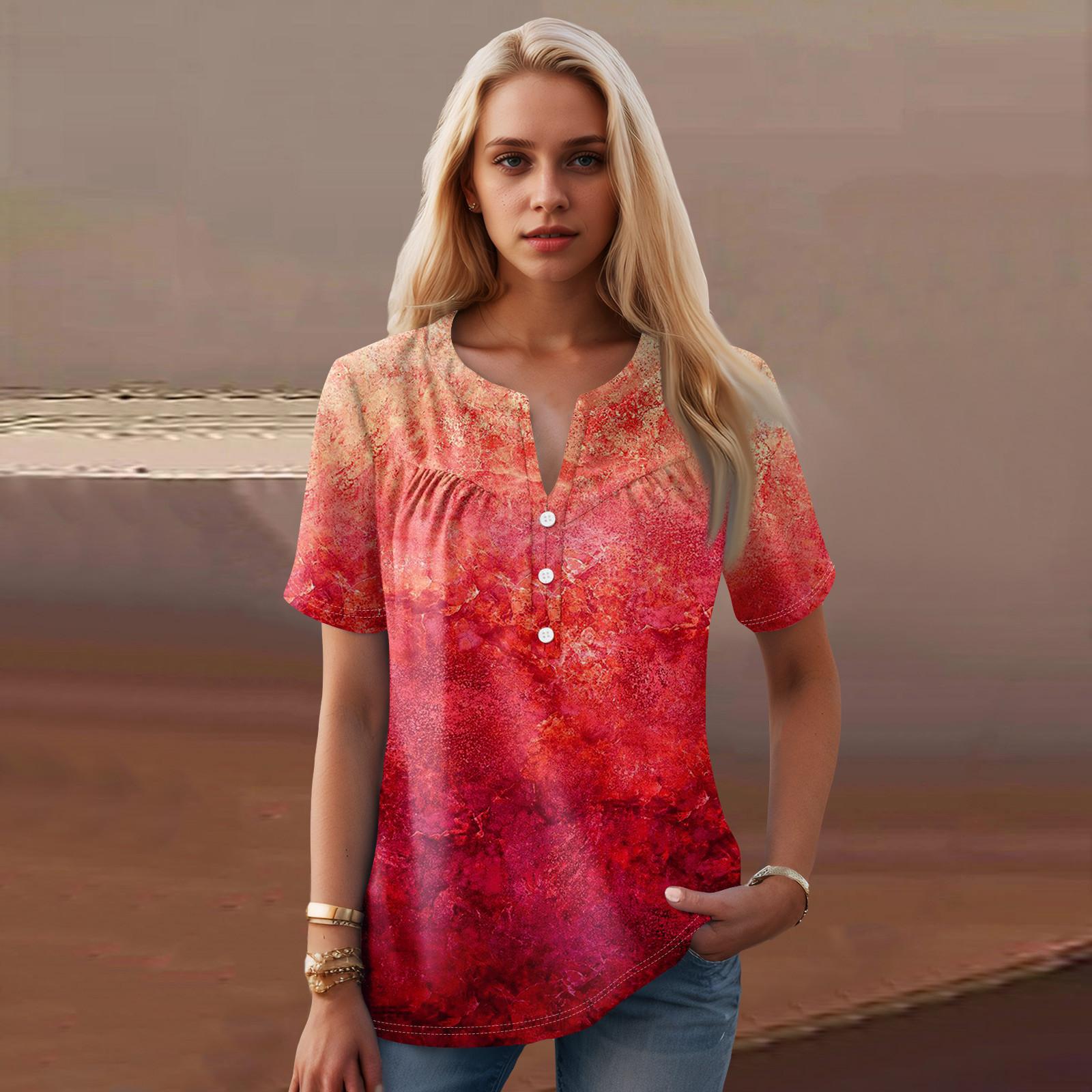 

Женская повседневная футболка с v-образным вырезом и коротким рукавом с цветочным принтом и декоративными пуговицами, топ XL киноварь