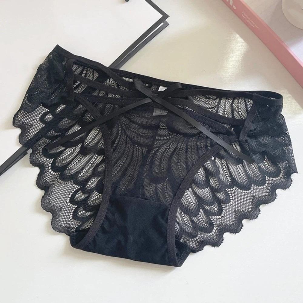 Summer Low Waist Lace Panties Bow Cotton Crotch Mesh Flower Briefs Thin Strap Transparent Lace Thin Underwear Female