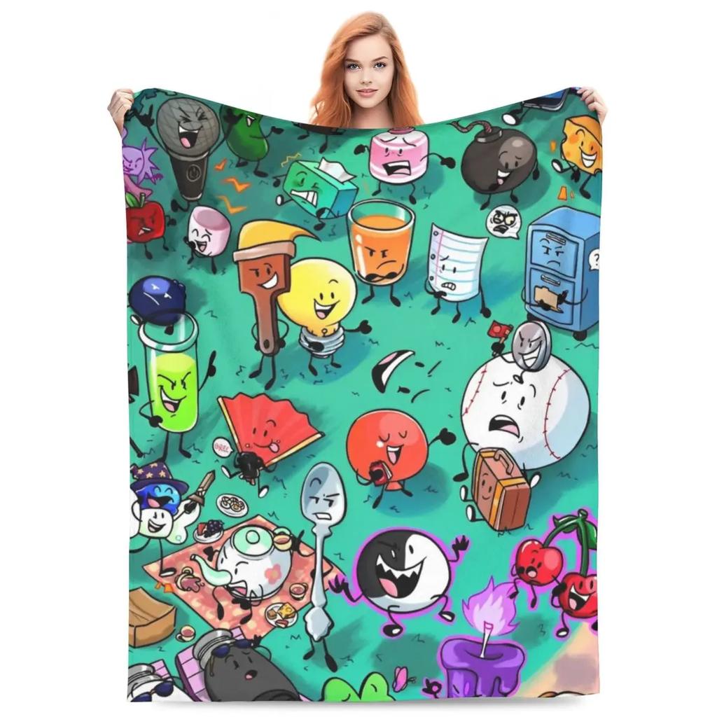 BFDI Inanimate Insanity Všichni postavy Super teplá deka Dekorační plyšová přehozová deka Grafická flanelová přehoz na pohovku/křeslo/postel
