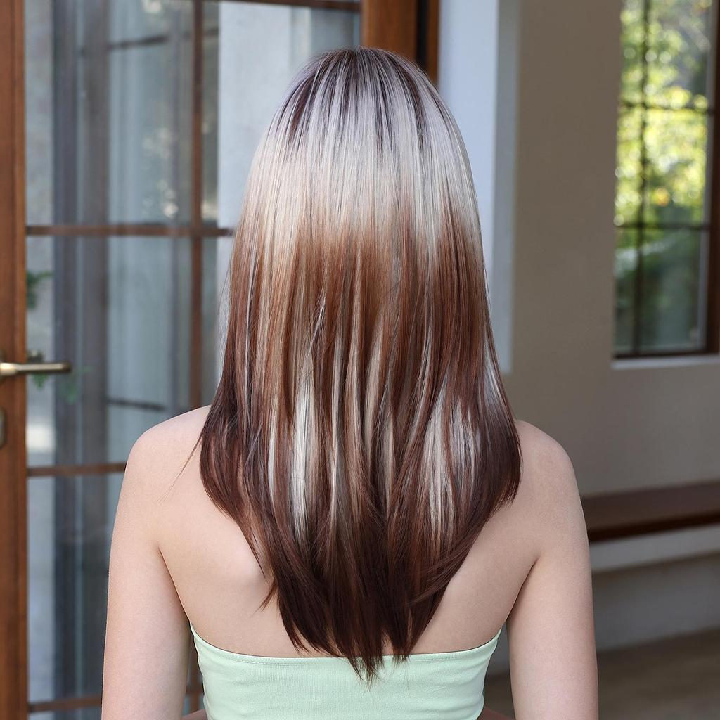 ALAN EATON Brun Ombre Grå Syntetisk Parykk Lang Rett Lagdelt Parykk med Pannelugg for Kvinner Cosplay Fest Daglig Bruk Varmebestandig Fiber