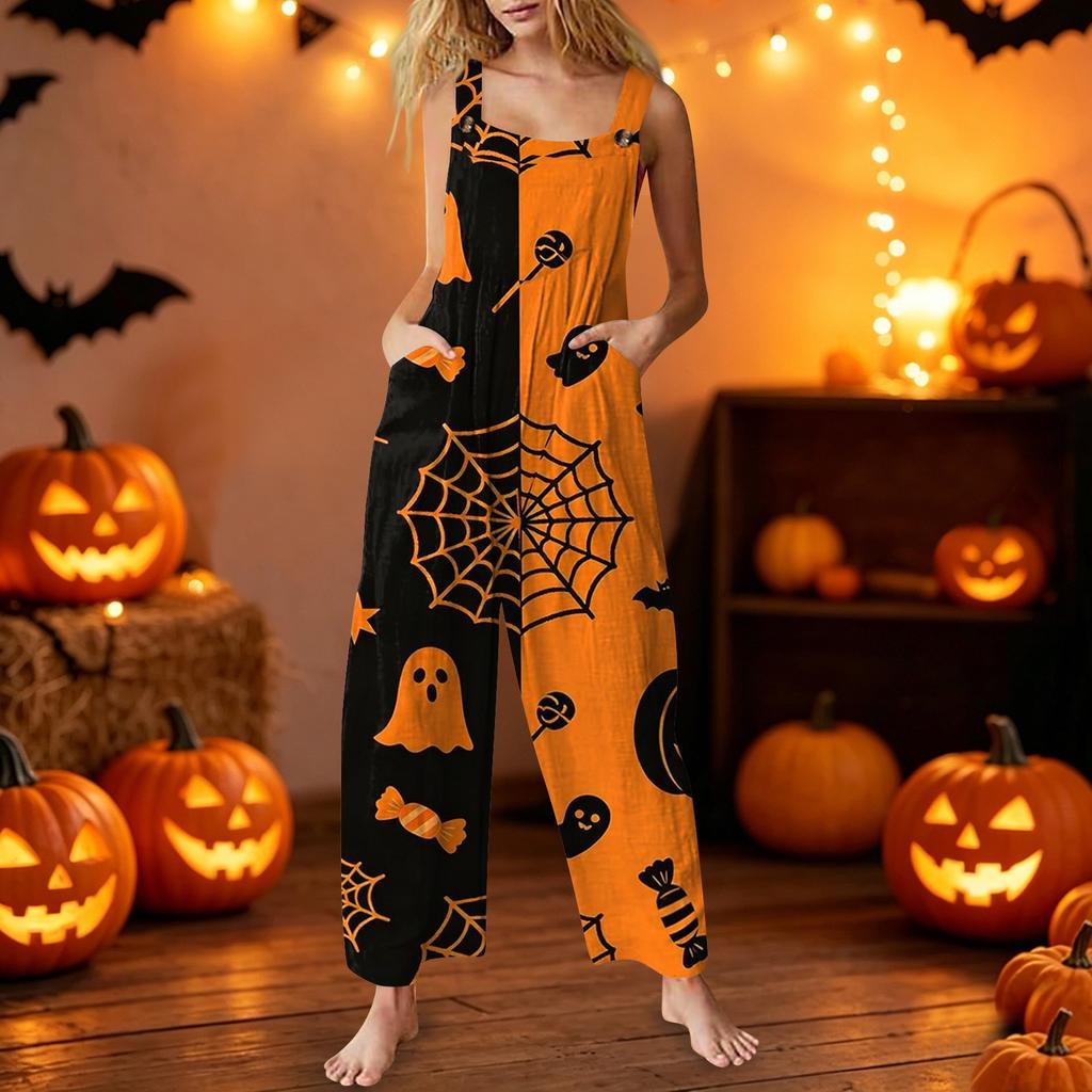 Women's Sleeveless Jumpsuit Halloween Print Cotton Casual Loose Fit Overalls Wide Leg Romper Pocketed