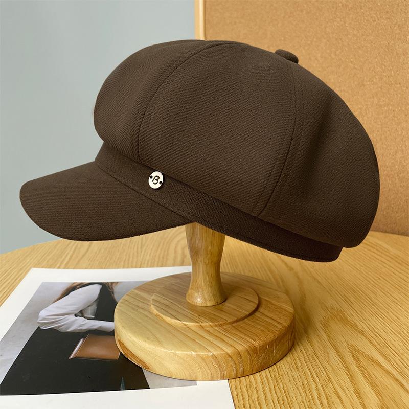Leather brim retro plaid octagonal hat children autumn and winter face little beret temperament versatile duck tongue newsboy hat