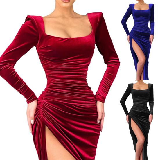 Lady Petticoats Plus Size Evening Dress High Slit Square Neck Right Angle Shoulder Pleated Banquet Dress for Parties