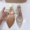 Fashion Designer Embroidered Mesh White Stringbead Heeled Sandals Women Sexy Pointed Toe Slingback Mules High Heels Elegant Party Shoes