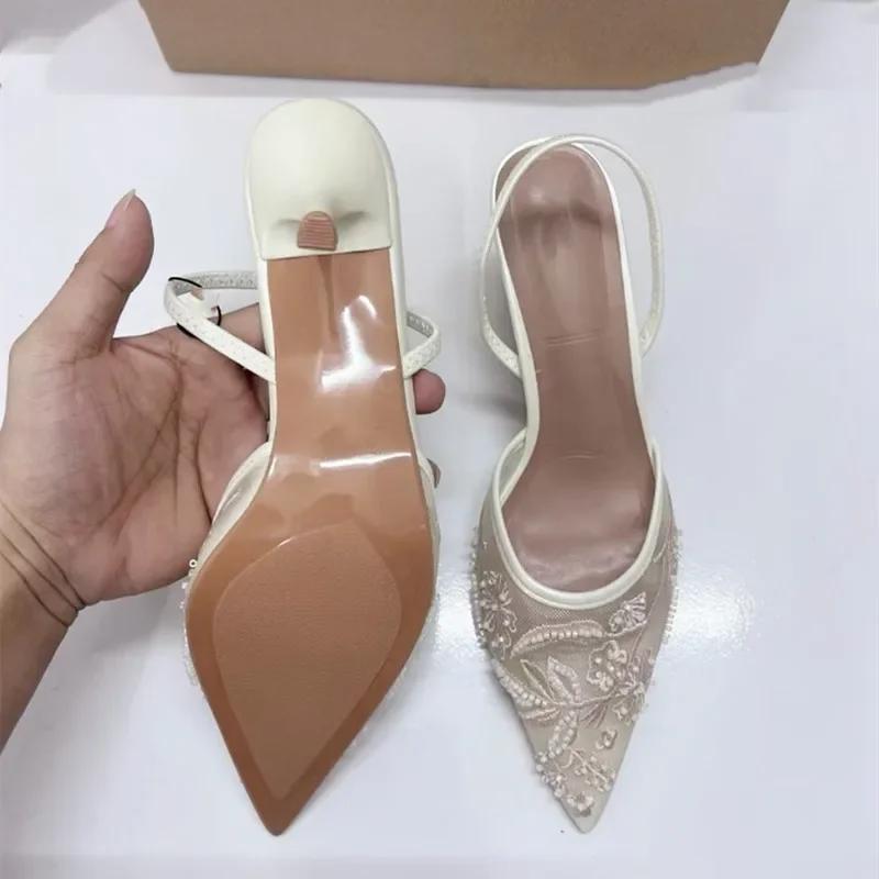 Fashion Designer Embroidered Mesh White Stringbead Heeled Sandals Women Sexy Pointed Toe Slingback Mules High Heels Elegant Party Shoes