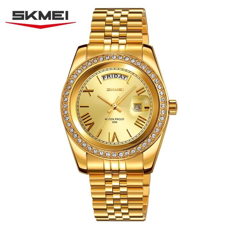 Gold Plated Mens Wrist Watch Diamond Bezel Analog Quartz Watch Day Date Waterproof Stainless Steel Watch золотой