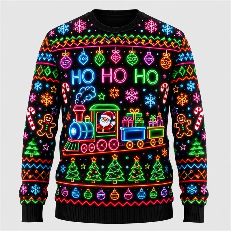 Maglione Brutto di Natale con Stampa al Neon per Uomo Moda Festiva Manica Lunga Felpe per Riunioni Pullover Oversize Casual