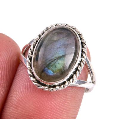 Natural Labradorite Gemstone 925 Solid Sterling Silver Jewelry Ring Size 7 v4T91