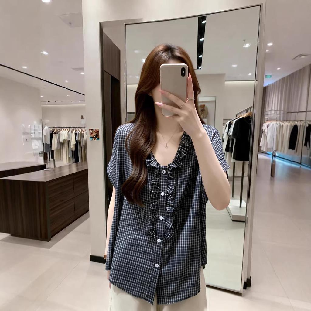 2026 Summer Plus Size Slimming French Petal Collar Shirt for Women