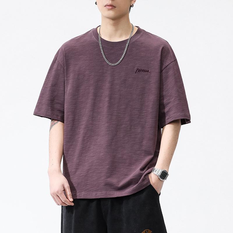 

Men Crew Neck Short Sleeve T Shirt With Small Embroidery Loose Fit Casual Daily Tops M фиолетовый