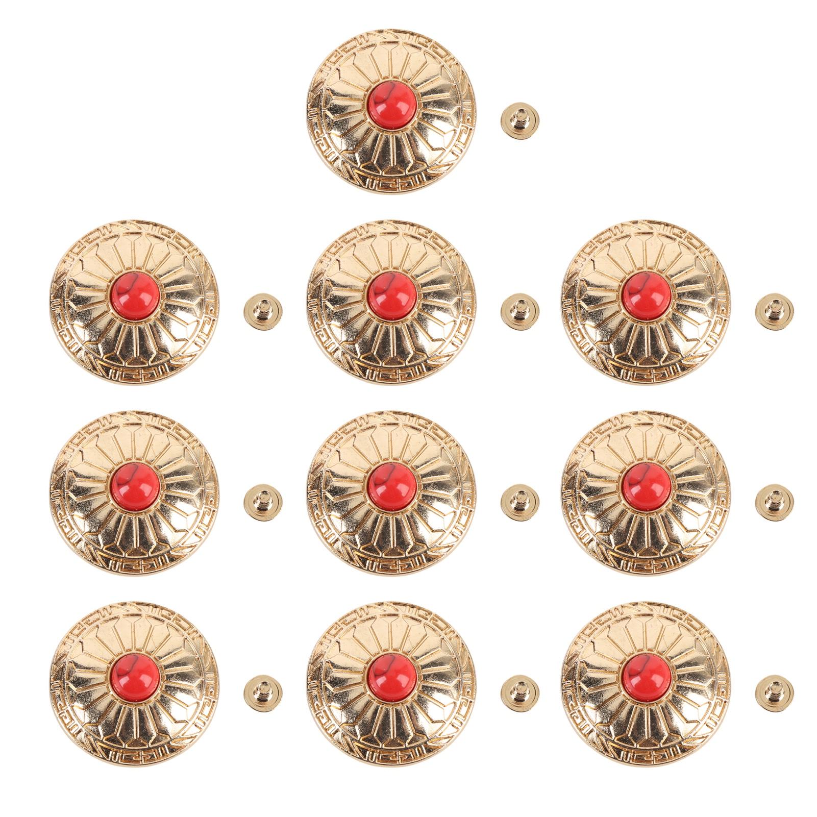 

10 Sets Screw Back Button 30mm Gold Flower Red Turquoise Metal Decorative Concho with 4.5mm Screws