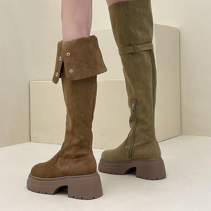 Two wear folded thick-soled boots for women in the autumn and winter of 2025, the new small thick-soled big-tube circumference is thin and tall boots.