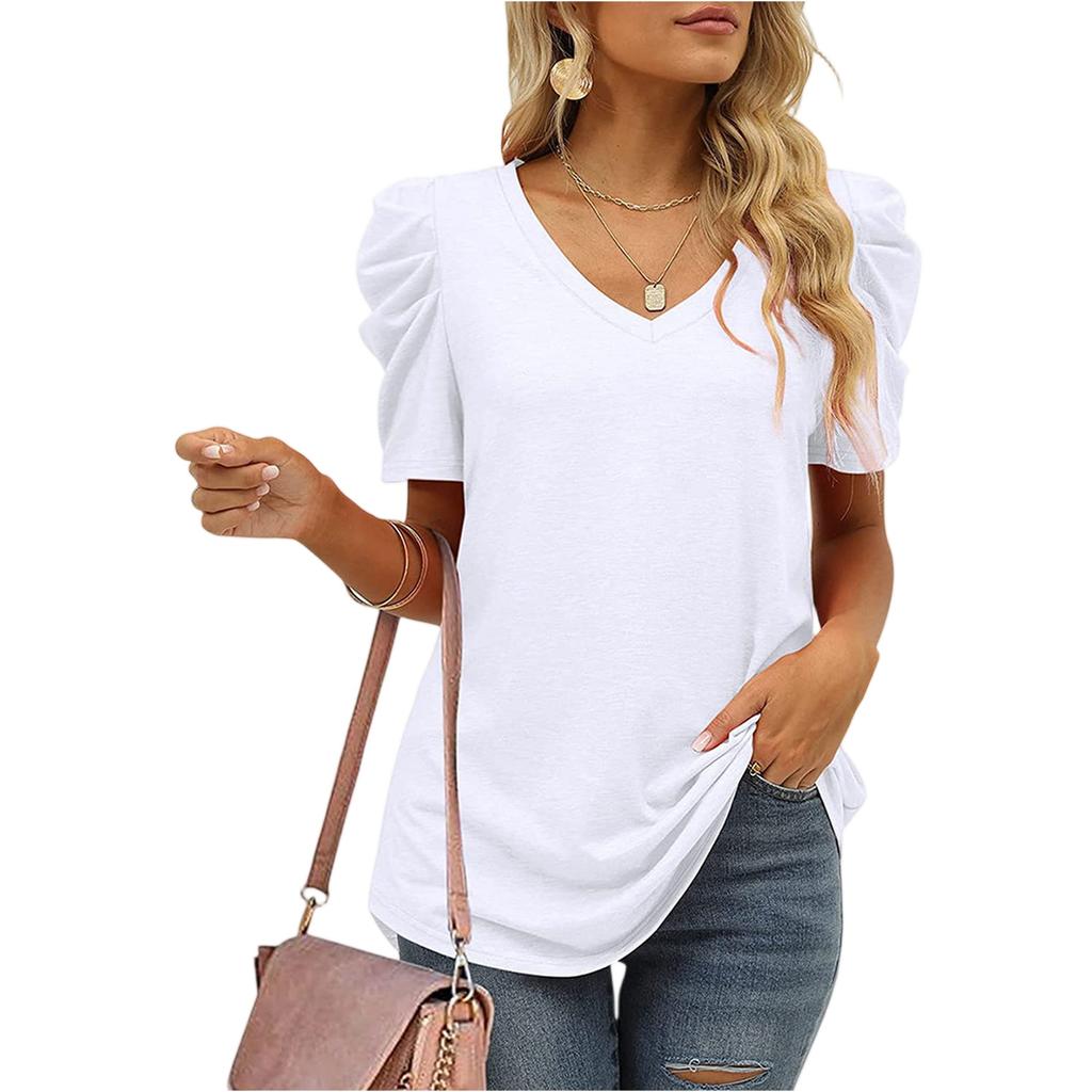 Women's Casual Ruffled Patchwork V-Neck Short Sleeve T-Shirt Top
