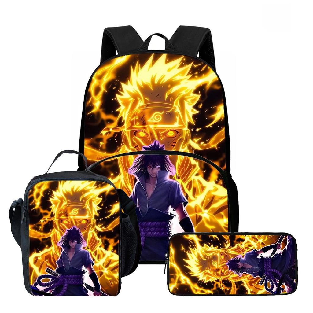 NARUTO Cartoon 3Pcs School Kit Durable Lightweight Backpack Front Pocket Lunch Bag Pencil Pouch For Kids Boys Girls Age 5-10