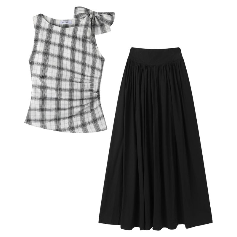 

Genaqi Korean Series Leisure Plaid Vest Suit Women Summer New Black Skirt Fashion Temperament Two-piece Set Lattice S