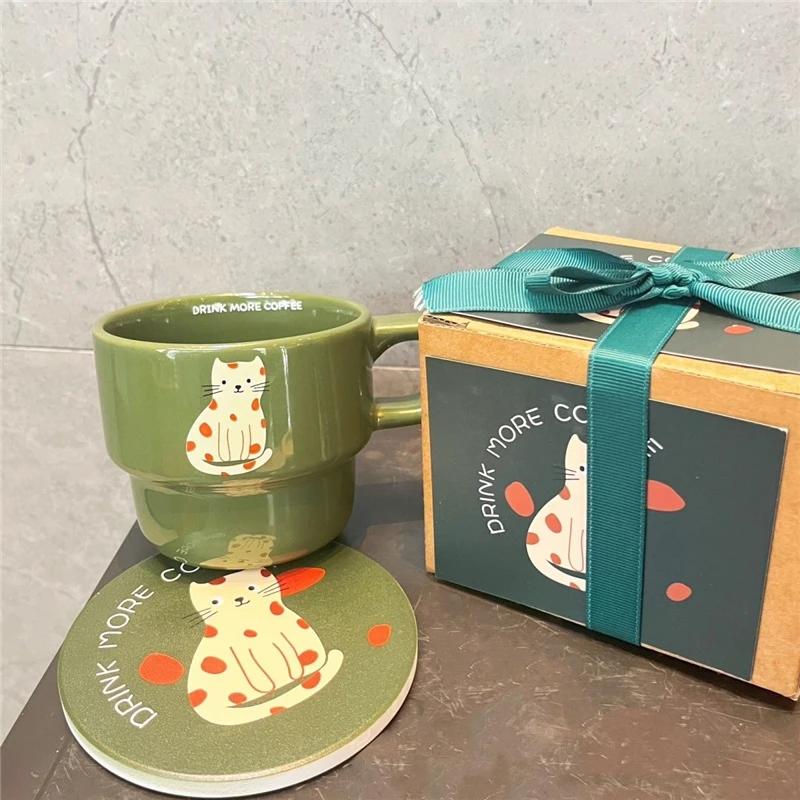 Cute Cartoon Cat Cup with Coaster, Cute Cat Cup Mat Ceramic Mug, Water cup, Breakfast Milk Mug Creative Christmas Gift 201-300ml