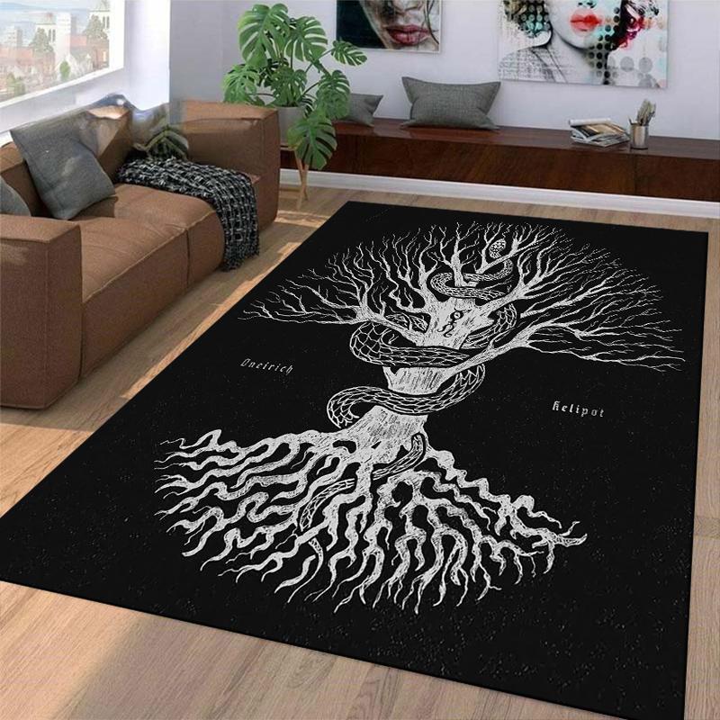 Mystical Tree with Serpent Design Printed Carpet Black and White Gothic Style Suitable for use as an anti-slip    for    room and bedroom sofas