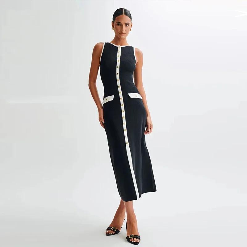 Elegant Knitted Long Dress Women Slim O-neck Single Breasted Sleeveless Contrast Dresses Early Autumn Office Lady Robes