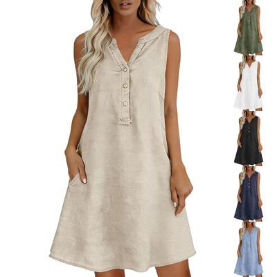 Vestido sin mangas para mujer, corte holgado, cuello en V, botones delanteros, casual de verano, tela ligera y cómoda, vestido mini de línea A