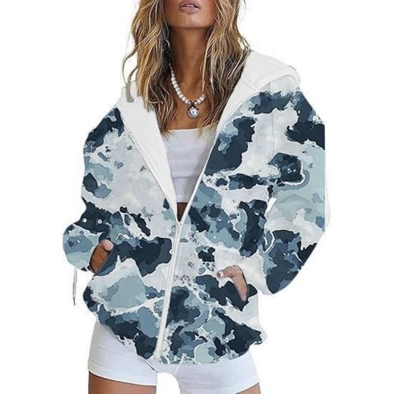 Womens Oversized Hooded Zip-Up Sweatshirt With 3D Printed Winter Casual Loose Fit