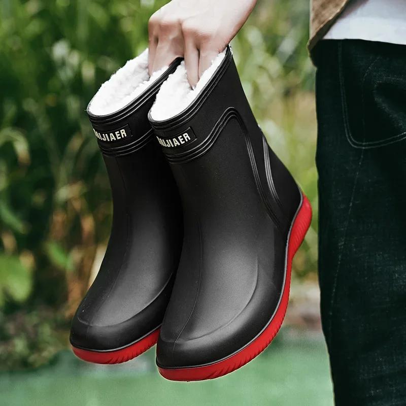 Fashion Fashion Men's Rain Boots Winter Cotton Warm Work Boots Men Wear-resistant Outdoor Work Rubber Boot Waterproo Boot Fishing Shoes